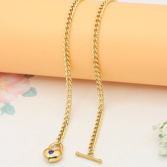 Heart Charm Gold Necklace with Blue Stone – Elegant Chain Style, XPNL0379 - Picture 10 of 13